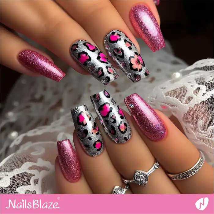 Shimmery Leopard Print Pink and Silver Nails | Animal Print Nails - NB4332